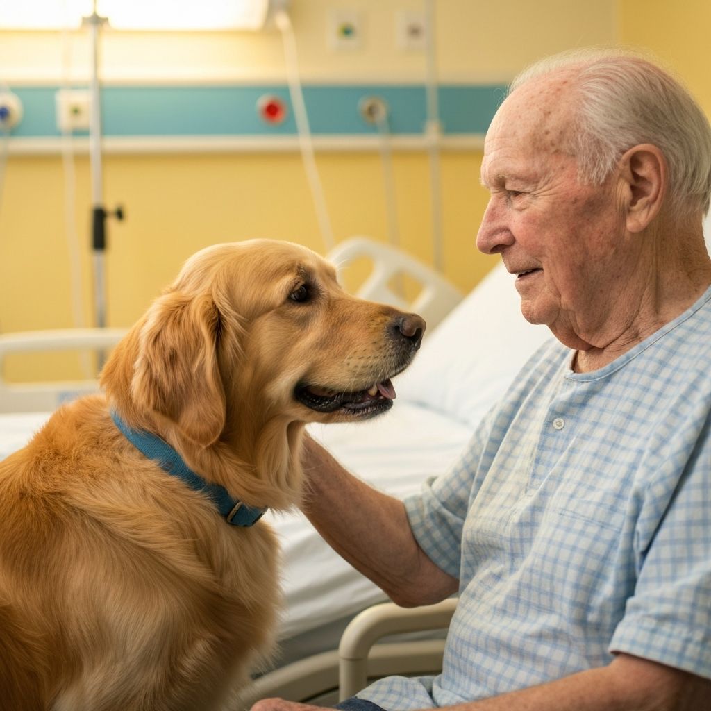 Therapy dog visiting and comforting a hospital patient